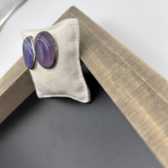 Phosphosiderite Or Amethyst Earrings Sterling Silver Signed Oval Stud Vintage - Picture 4 of 13